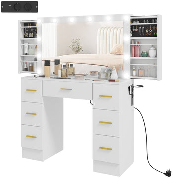 Kaptafel met spiegel, 12 LED-lampen en 7 laden | Kleur: Wit | Afmetingen: 100x40x137 cm