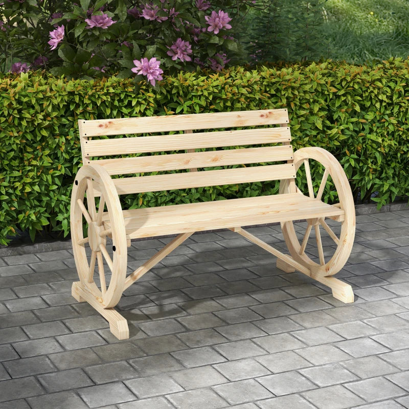 Gartenbank aus Holz mit Wagenrädern | Farbe: Naturholz | Abmessungen: 56x105,5x79 cm
