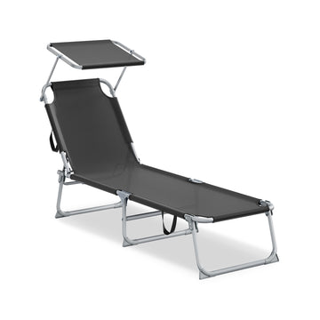 Opvouwbare ligstoel met verstelbare rugleuning en zonnescherm | Zwart | 53x189x28,5 cm