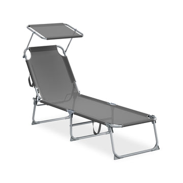 Opvouwbare zonnebed met verstelbare rugleuning en zonnescherm | Grijs | 189x53x28,5 cm