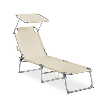 Opvouwbaar tuinligbed met verstelbare rugleuning en zonnescherm | Beige | 53x189x28,5 cm