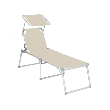 Ligstoel - Opvouwbaar, verstelbaar, met kussen en zonnedak - Beige - 65 x 200 x 48 cm