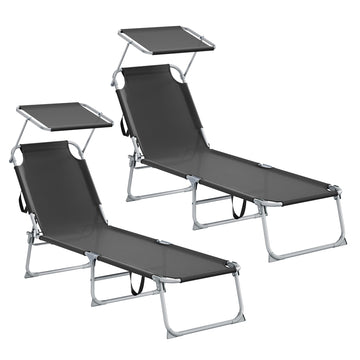 Set van 2 opvouwbare ligbedden met verstelbare rugleuning en zonnescherm | Zwart | 53x189x28,5 cm