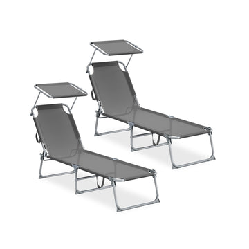 Set van 2 inklapbare ligbedden met verstelbare rugleuning en zonnescherm | Grijs | 53x189x28,5 cm