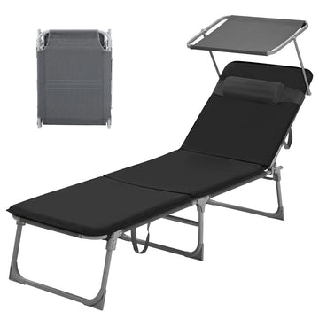 Opvouwbare ligstoel met verstelbare rugleuning en kussen | Zwart | 193x53x29,5 cm