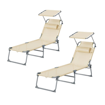 Opvouwbare zonnebedden set van 2 met hoofdsteun | Beige | 189x53x28,5 cm