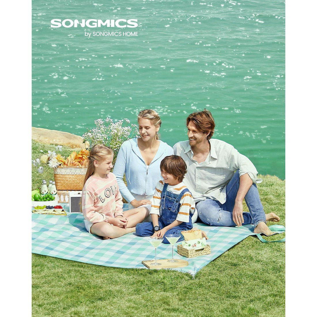 Waterdicht picknickkleed 200 x 200 cm - fluweel, schuimvulling - groen-wit