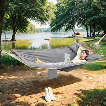 Hangmat 210 x 150 cm voor buiten met 2 houten stangen | Grijs
