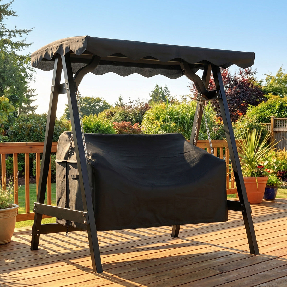 2-zits Tuinschommelhoes, waterdicht 420D Oxford | Kleur: Zwart | Afmetingen: 76x142x81 cm