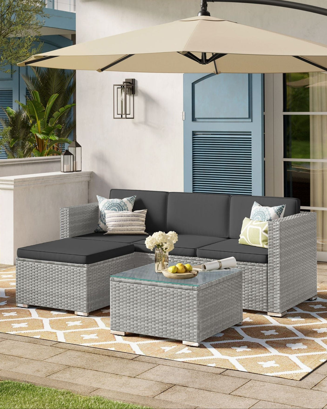 4-teilige graue PE-Polyrattan-Loungeset - 173 x 60 x 66 cm
