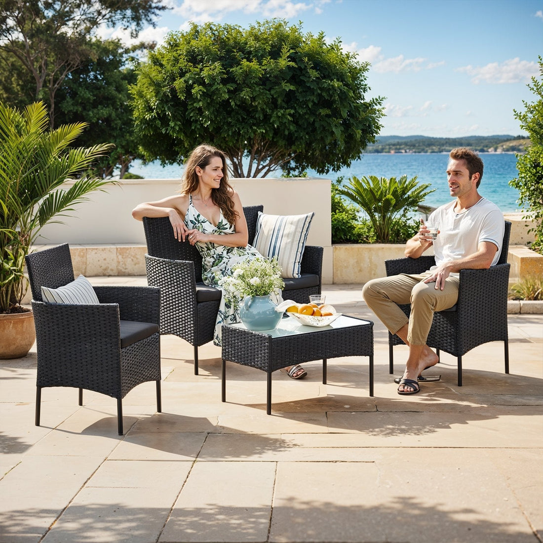 Tuinset balkon & tuin - PE-rotan - 54,5x56,5x81,5 cm stoel, 54,5x99x81,5 cm bank