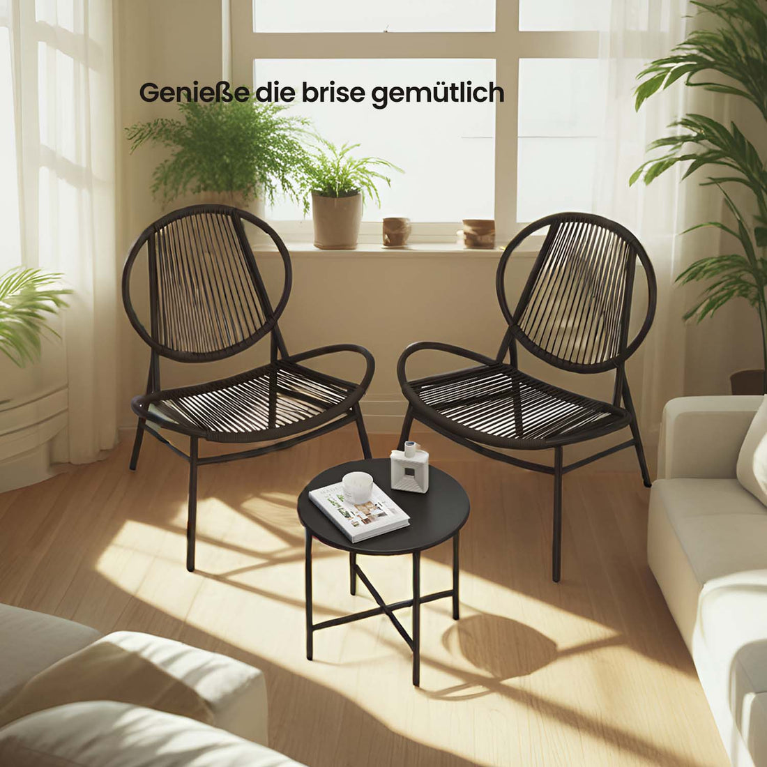 3-teiliges Balkonset - Gartenmöbelset - Polyrattan - Schwarz - Tisch 50x45 cm