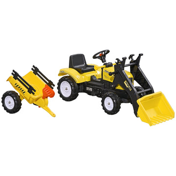 Kinderpedaaltractor met frontlader en aanhanger | Kleur: Geel/Zwart | Afmetingen: 41x167x52 cm