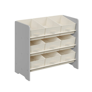 Kinderrek met 9 stoffen opbergboxen – MDF – duifgrijs – 29,5 x 62,5 x 60 cm