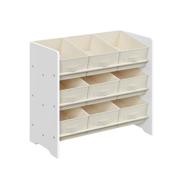 Kinder opbergrek wolkenwit – boekenrek met 9 stoffen bakken – MDF – 29,5 x 62,5 x 60 cm