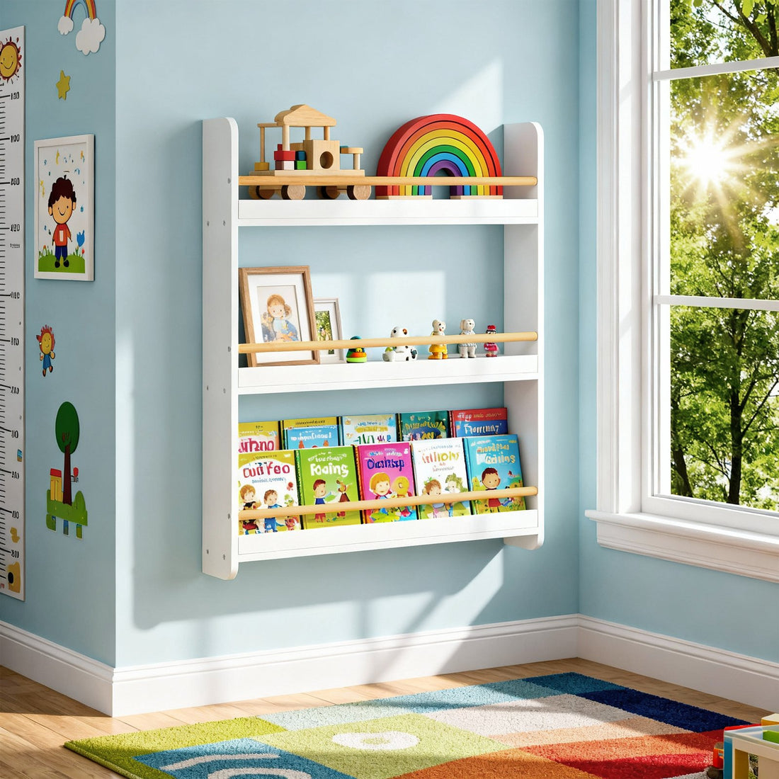 Bücherregal, Kinderregal, 3 Ebenen | Weiß-Natur | 60x12x75 cm