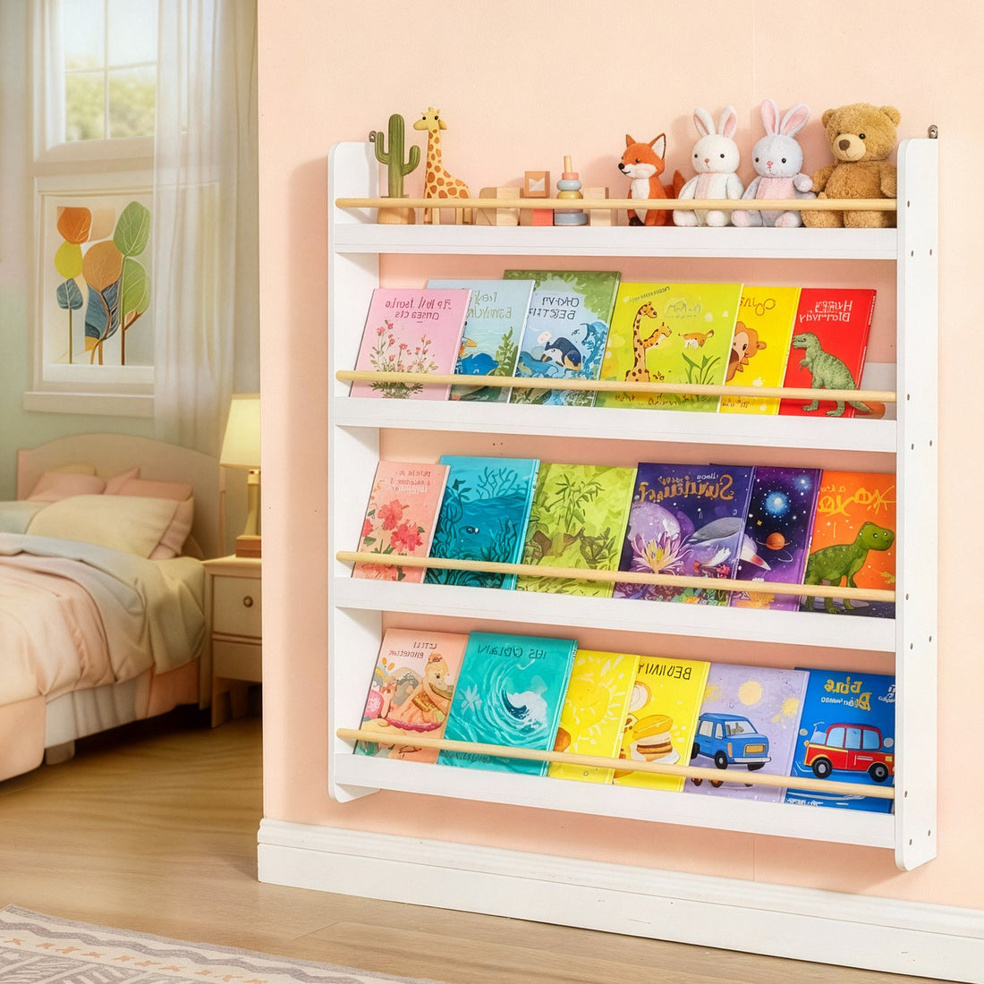 Kinderbücherregal mit 4 Ebenen und Spielzeugablage | Weiß-Natur | 80x12x100 cm