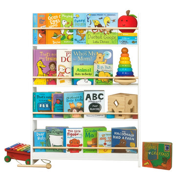 Kinderboekenkast met 4 niveaus en speelgoedrek | Wit-naturel | 80x12x100 cm