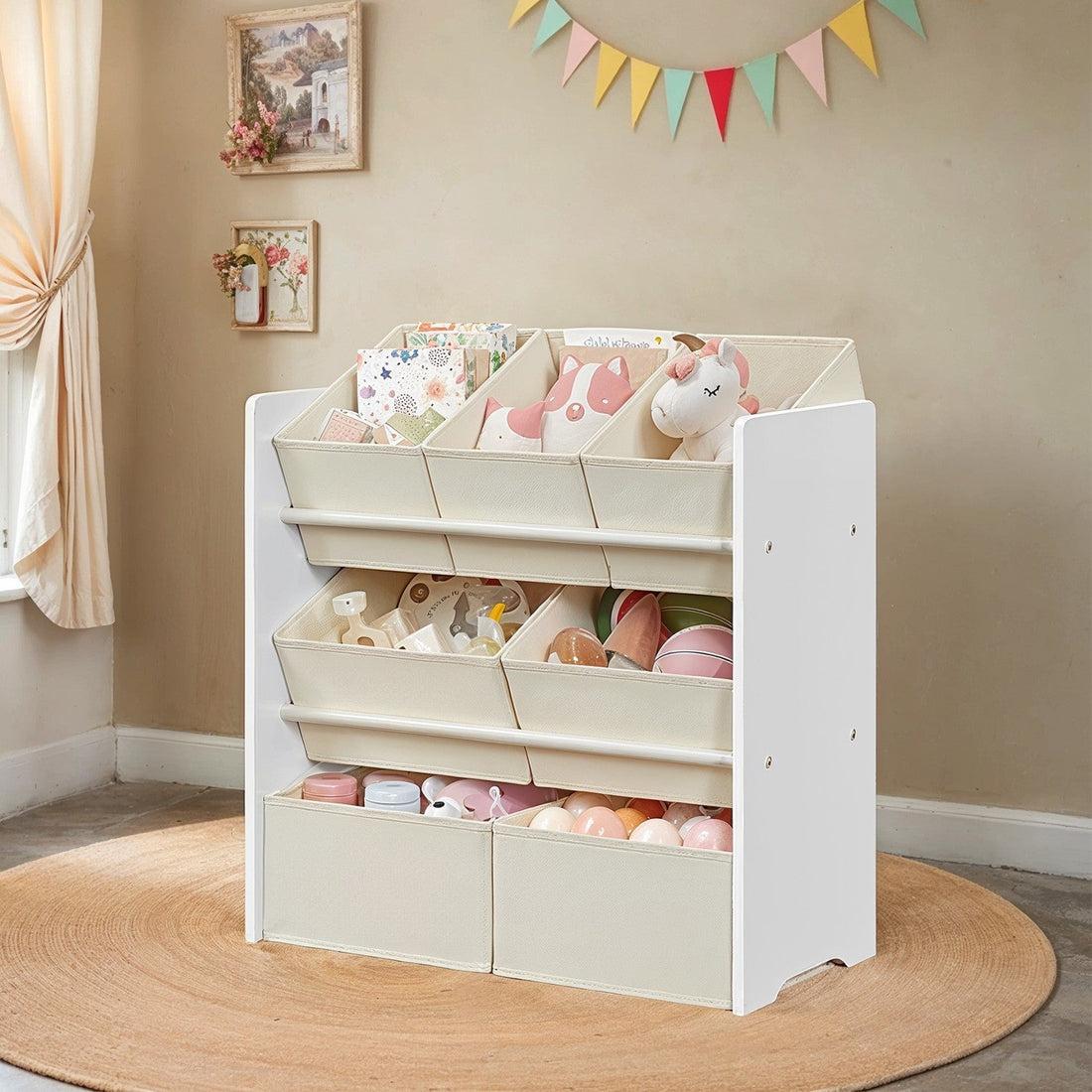 Boekenkast met 7 stoffen opbergboxen - ruimtebesparend - wit - 29,5 x 62,5 x 60 cm