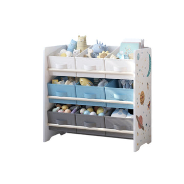 Boekenkast met 9 stoffen opbergboxen, ruimtebesparend, wit/grijs, 62,5 x 29,5 x 60 cm