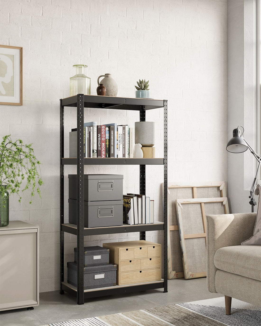 Stahl-MDF-Lagerregal – Greige Schwarz – 5 Ebenen – 40 x 80 x 160 cm