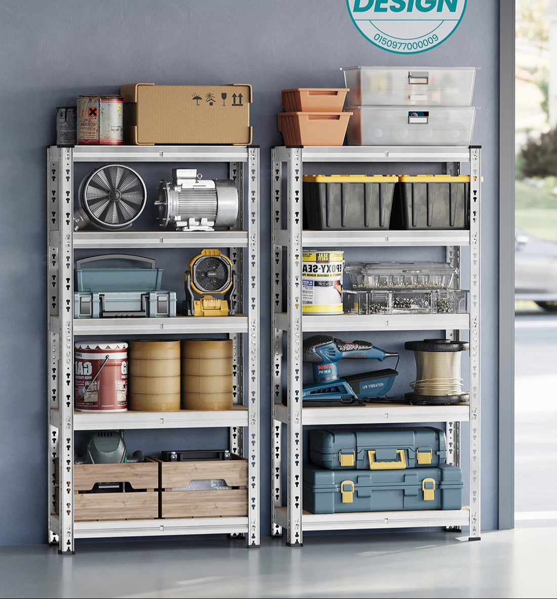 2-delige opbergrek set - zilveren stellingkast - staal & MDF - 175 kg per plank