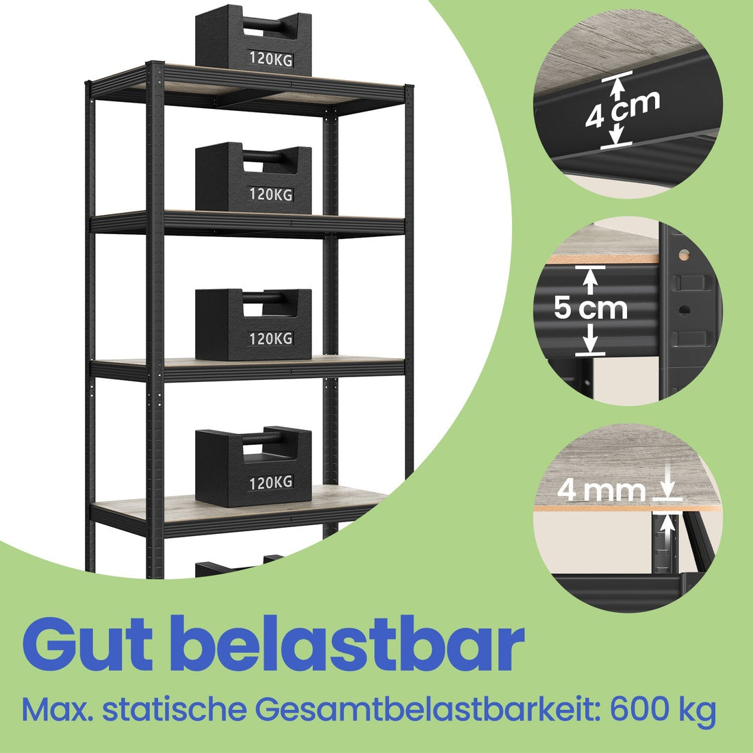 Hochbelastbares Lagerregal - Kellerregal - Aufbewahrungsregal - 50 x 100 x 200 cm - Stahl & MDF