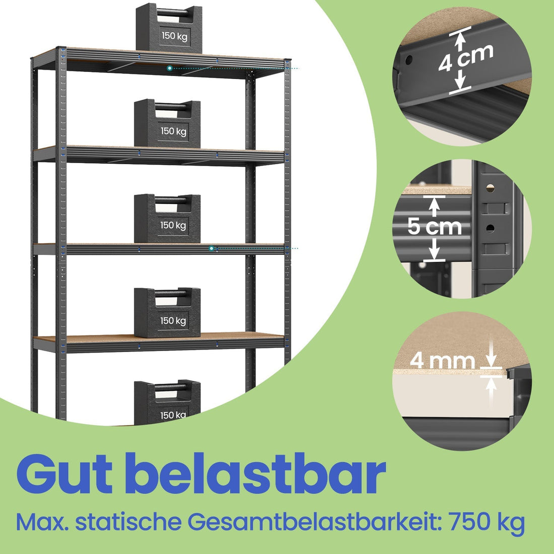 Schwerlastregal 875 kg - 60 x 120 x 200 cm - pulverbeschichteter Stahl/MDF