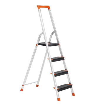 Aluminiumladder met 4 brede treden, antislip, met gereedschapsbak | Zilver-zwart-oranje | 44x83,5x143 cm