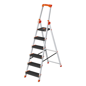 6-tredentrap met gereedschapsbak, aluminium antislip | Metallic-grijs, zwart, oranje | 48,5x115x186 cm