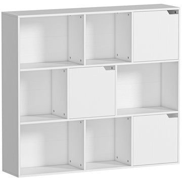 Boekenkast met 9 vakken, 3 deuren en 6 open planken | Kleur: Wit | Afmetingen: 106x24x95 cm