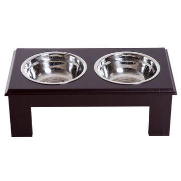 Dubbele verhoogde hondenvoerbak met RVS kommen | Kleur: Koffie | Afmetingen: 24x44x15 cm
