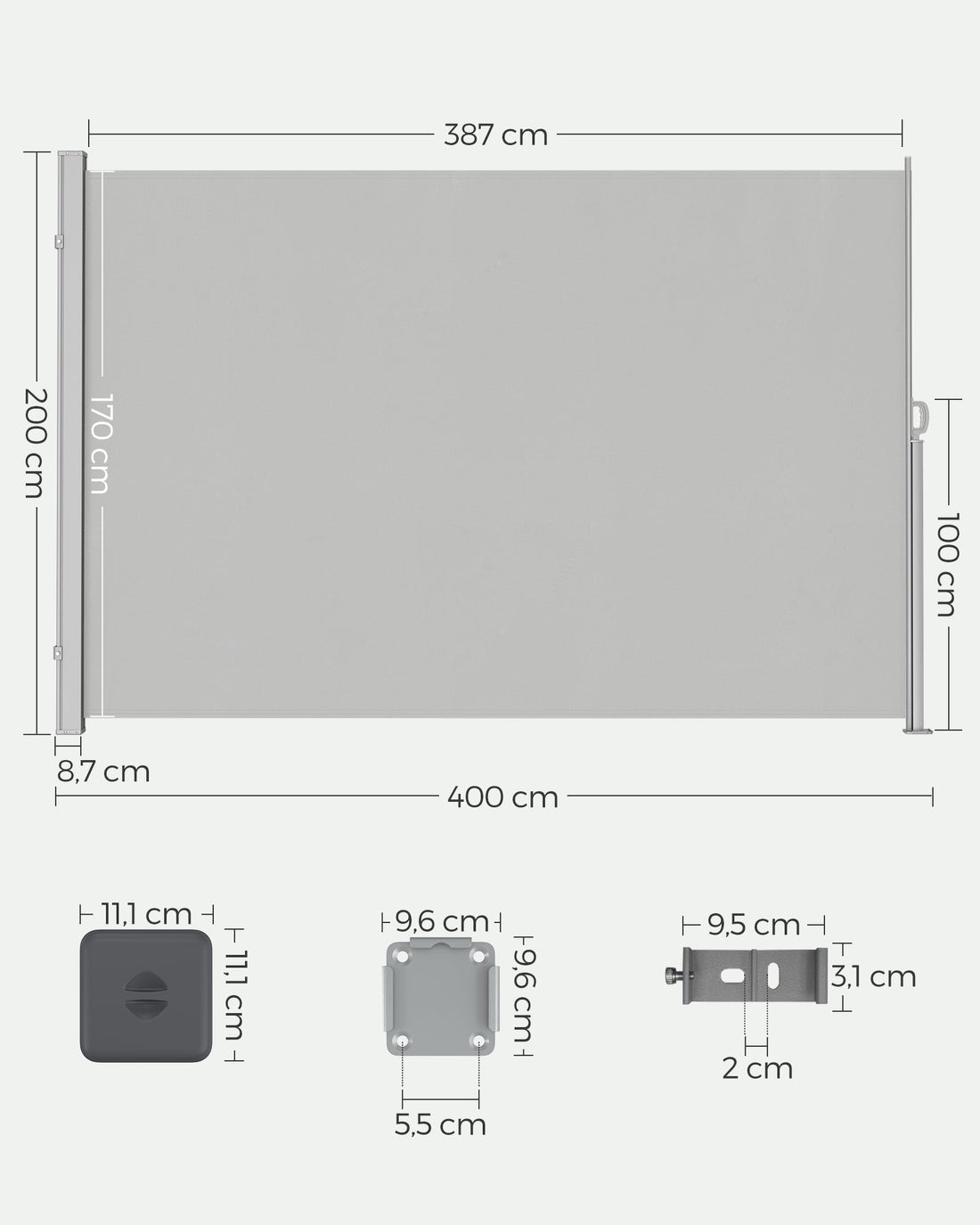 Sidomarkis för utomhusbruk - solskydd - stål - polyester - UV-skydd - 200 x 400 cm - ljusgrå