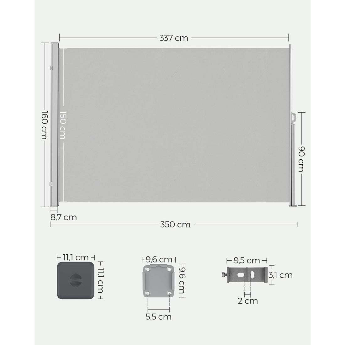 Sidomarkis – solskydd – insynsskydd – stål – polyester – UV-skydd – 160 x 350 cm – ljusgrå