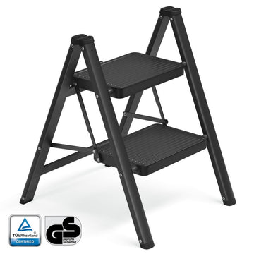 Opvouwbare trapladder met 2 treden van staal 150 kg | Zwart | 43,4x55x61,8 cm