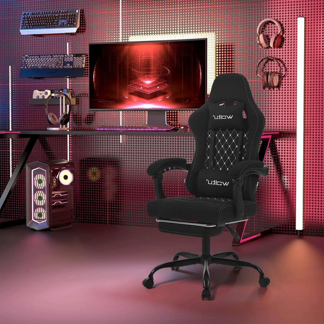 Gaming-Stuhl mit Massagefunktion und Fußstütze | Schwarz | 64x54x119,5-127 cm