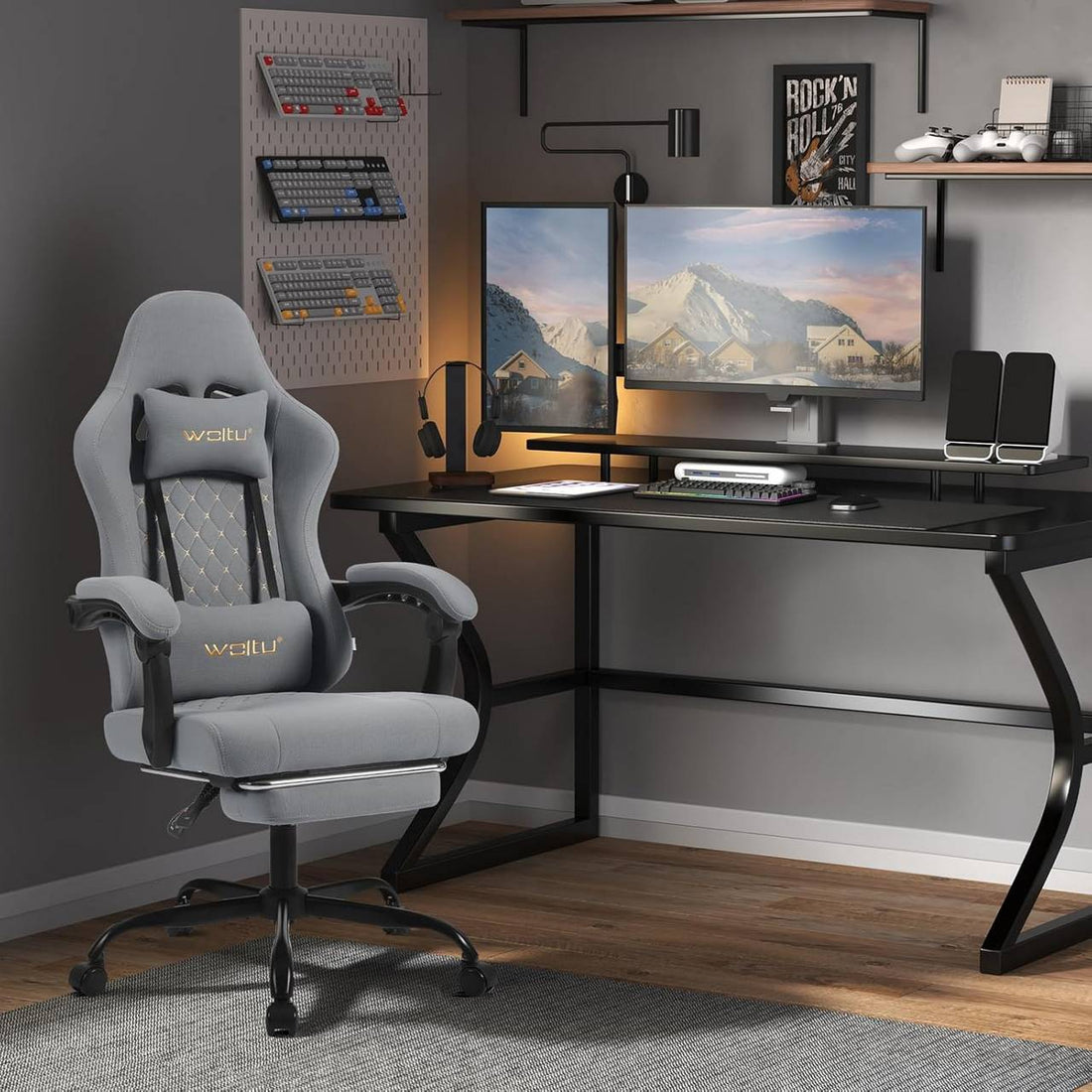 Gaming-Stuhl mit Massagefunktion und Taschenfederkern | Grau | 64x54x119,5-127 cm