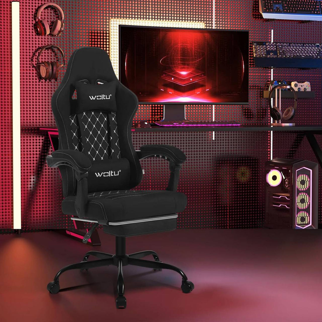Gaming-Stuhl mit Massagefunktion und Fußstütze | Schwarz | 64x54x119,5-127 cm