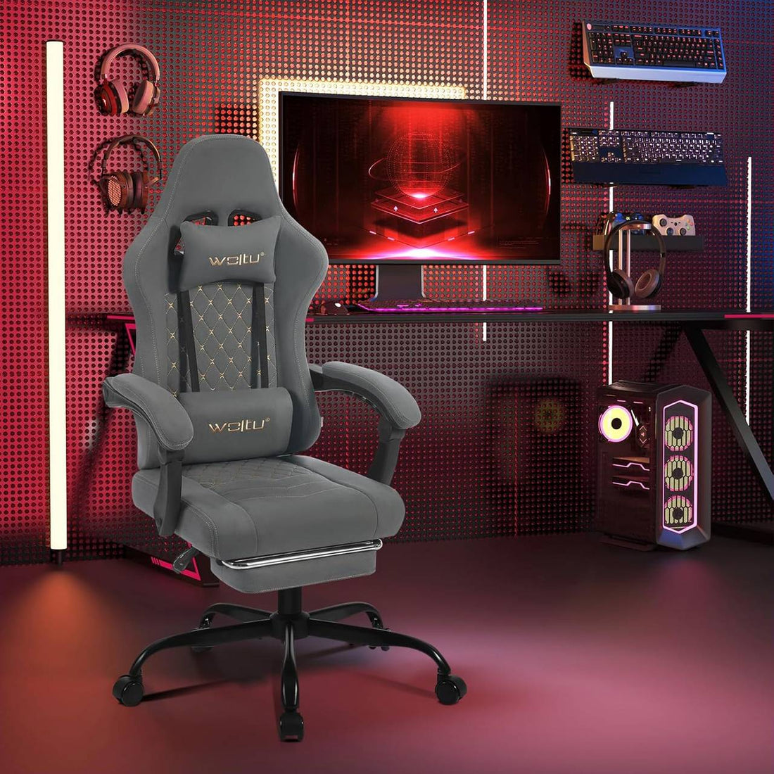 Gamingstuhl mit Massagefunktion und Fußstütze | Grau | 64x54x119,5-127 cm