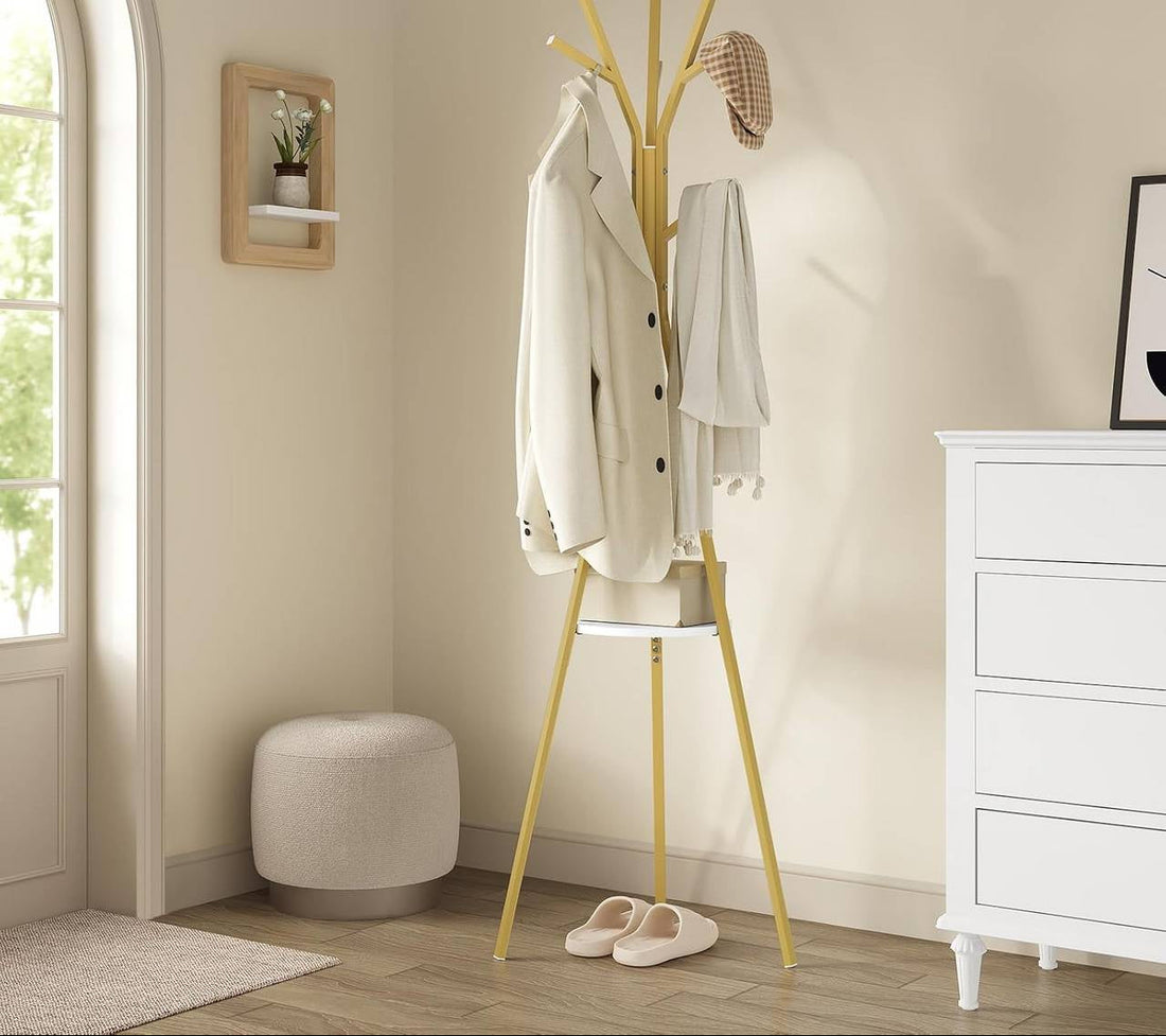 Kledingstandaard boomvorm met 9 haken en plank | Goud | 45,5x45,5x180 cm