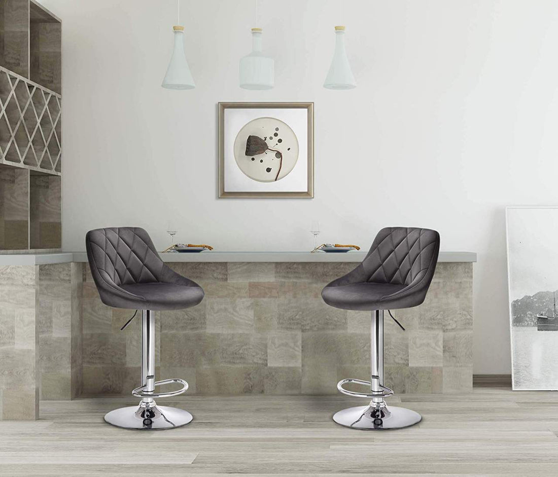 Set med 2 barstolar med justerbar ryggstöd i sammet | Mörkgrå och ljusgrå | 32,5x38x83-104 cm