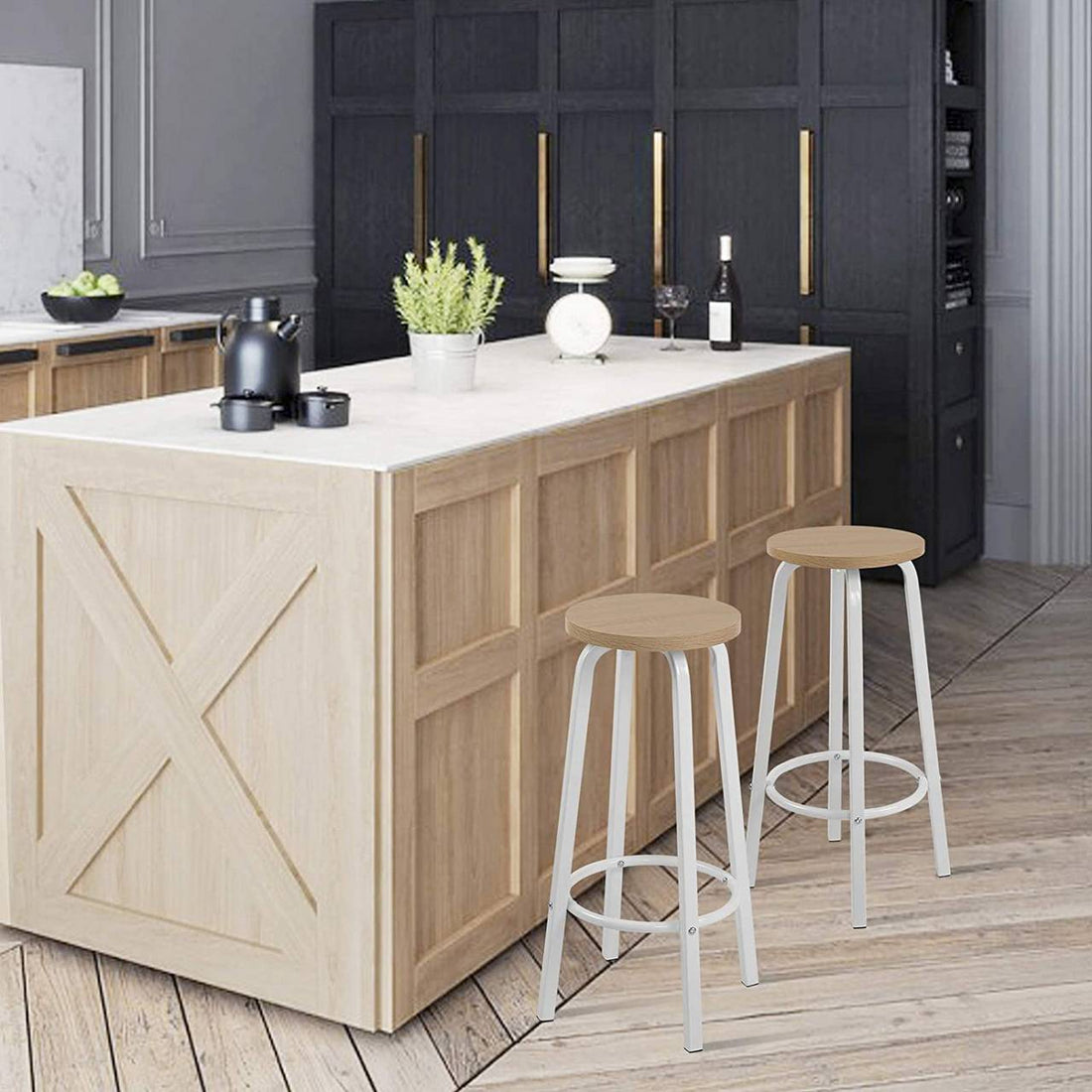 4-delig barpallsset med rund sits | Ljus ek | 30x30x71 cm