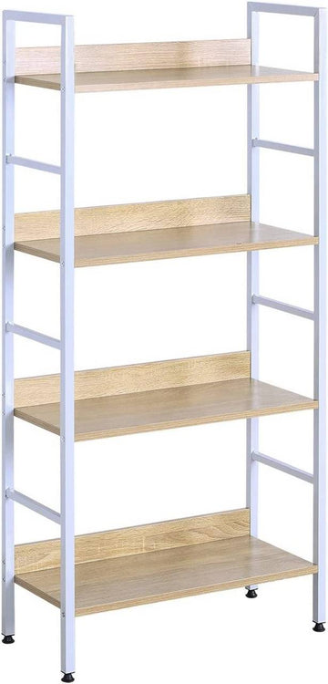 Metalen boekenkast met 4 planken | Wit en licht eiken | 60x27,5x126 cm