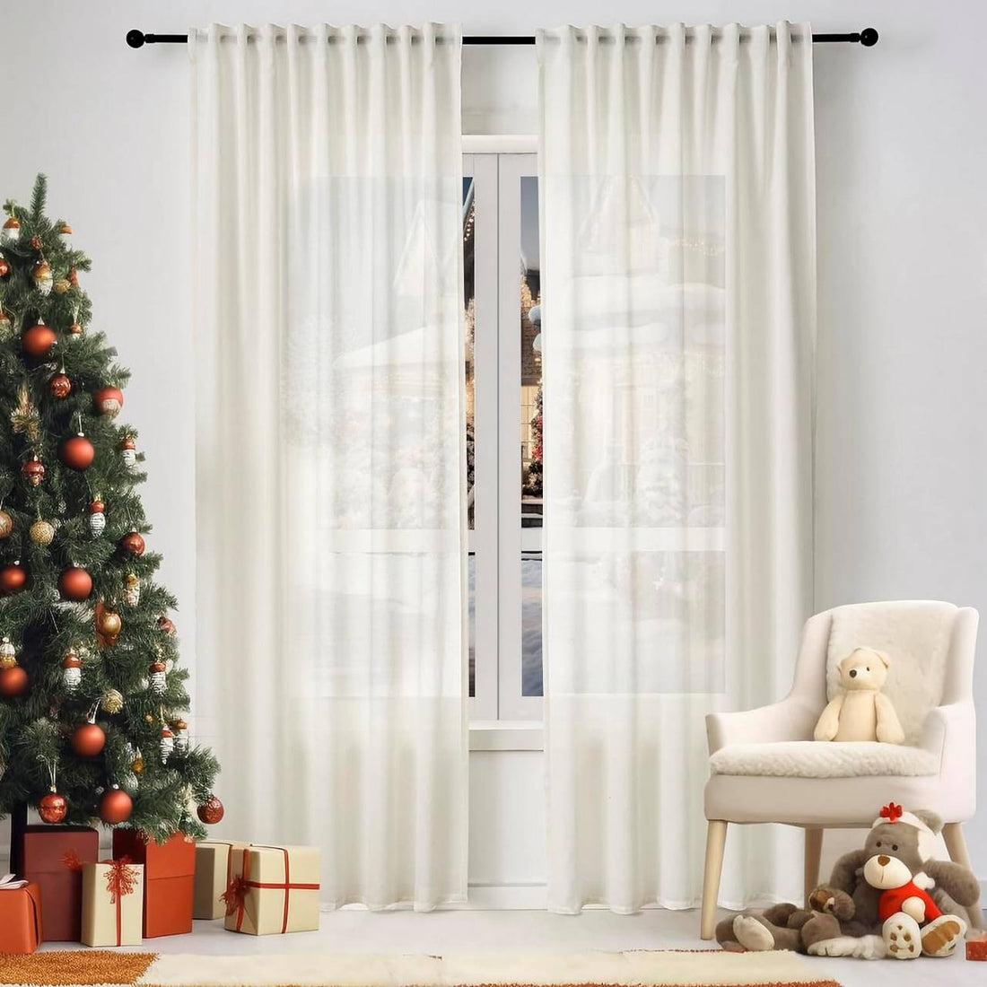 2 Stück Gardinen mit Kräuselband Leinen-Optik halbtransparent | Creme | 135x245 cm