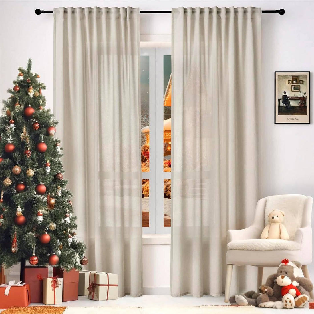 2-delige vitragegordijnen met plooiband linnenlook | Zand | 135x245 cm