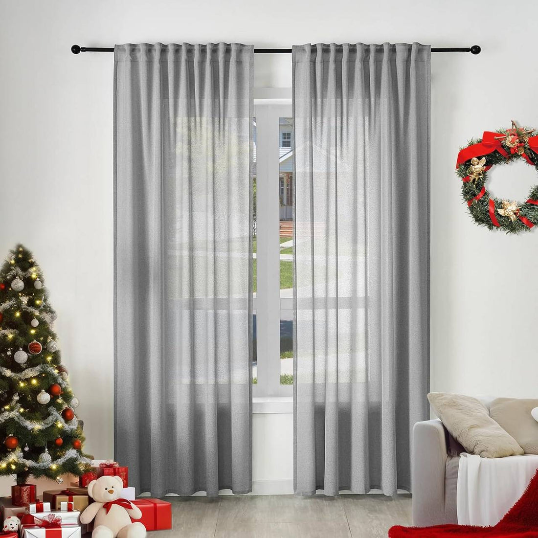 2 halbtransparente Gardinen mit Kräuselband in Leinenoptik | Grau | 135x225 cm