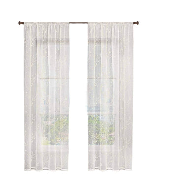 Transparante vitrage met bloemenborduursel en rimpelband 2 stuks | Beige | 140x175 cm