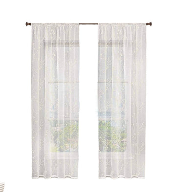 Transparante vitrage met bloemenborduursel en plooiband 2 stuks | Beige | 140x245 cm