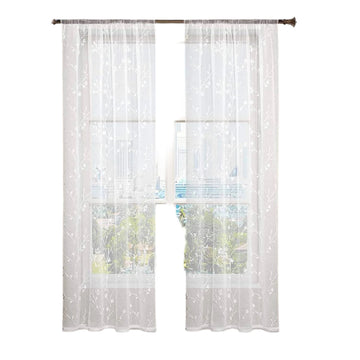 Transparante gordijnen met bloemenborduursel en rimpelband 2 stuks | Wit | 140x225 cm