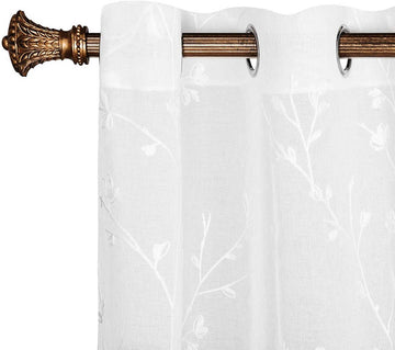 Transparante gordijnen met geborduurde bloemen en ogen 2 stuks | Wit | 140x245 cm